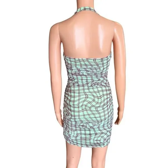 AFRM Bonnie Dress Mesh Ruched Plaid Checkered Halter Mini Bodycon NWT Medium Y2K - Picture 8 of 10